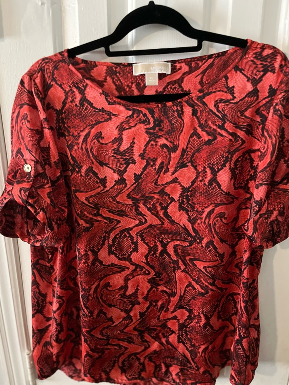 Michael Kors Red and Black Snake-Print Short Sleeve Blouse